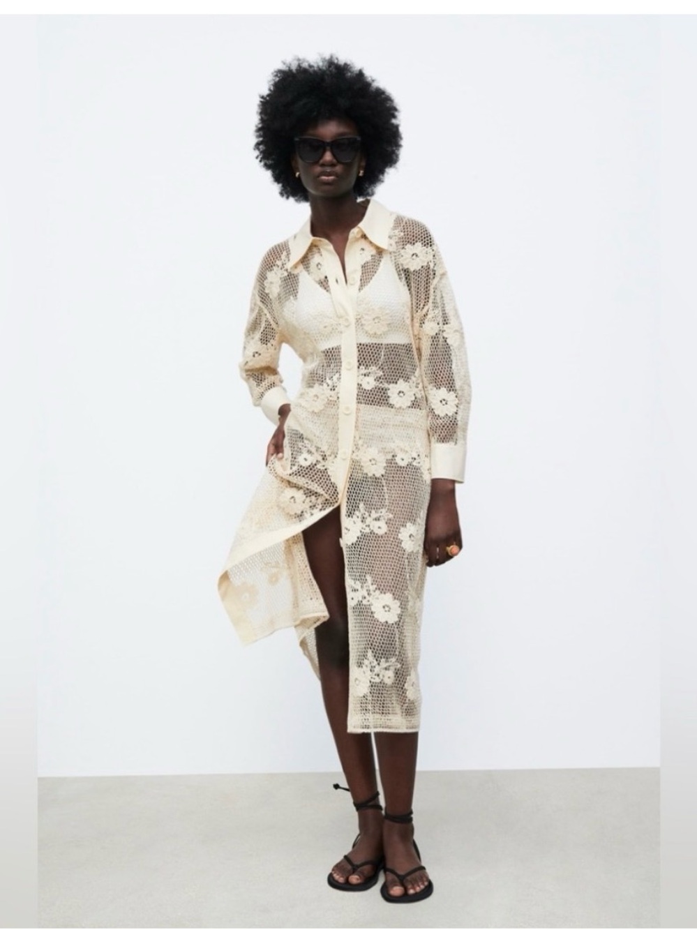 Zara Cream Crochet Floral Longline Button-Up Robe Bathing Cover XS